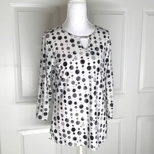 Emily Daniels Polka Dot Top Women Small White Black Keyhole 3/4 Sleeve Blouse
